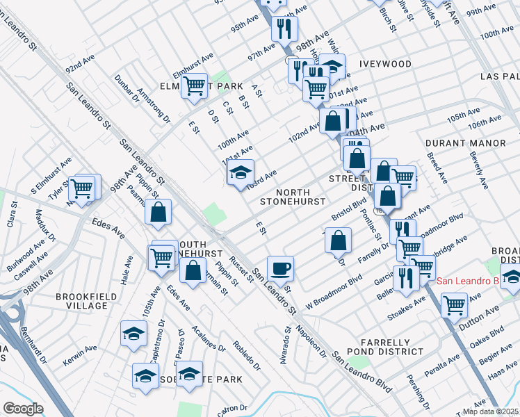 map of restaurants, bars, coffee shops, grocery stores, and more near 1021 105th Avenue in Oakland