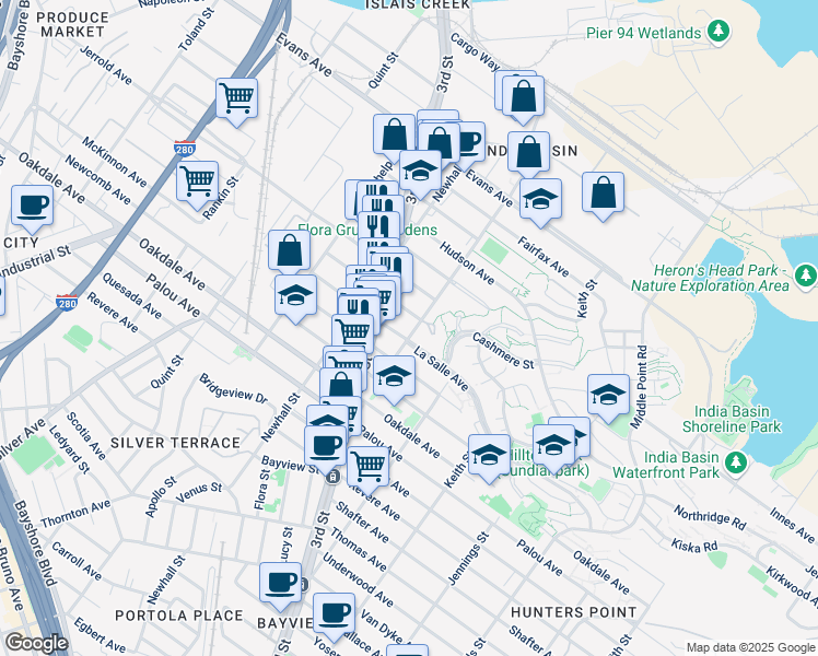 map of restaurants, bars, coffee shops, grocery stores, and more near 1499 Kirkwood Court in San Francisco