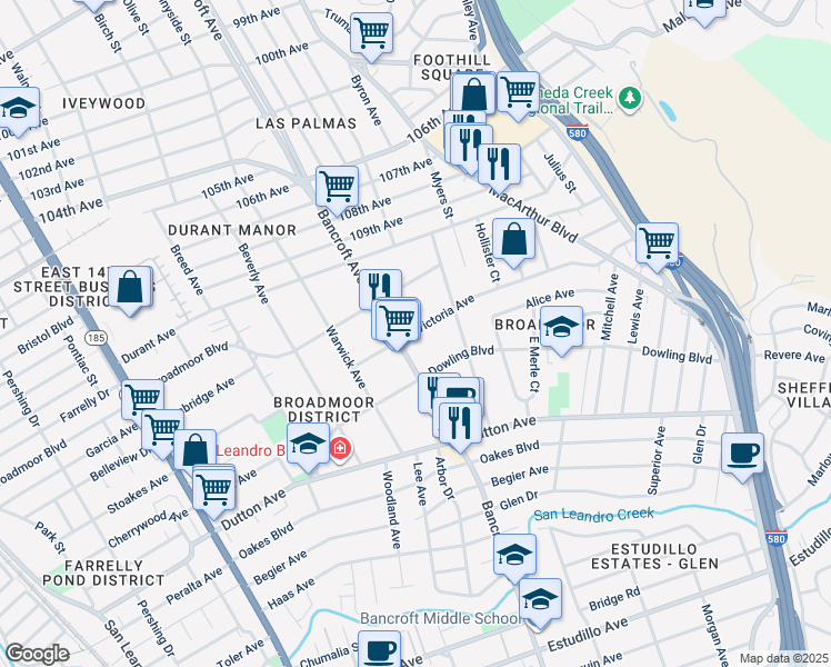 map of restaurants, bars, coffee shops, grocery stores, and more near 621 Victoria Avenue in San Leandro