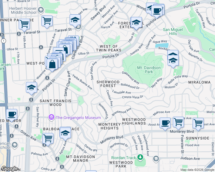 map of restaurants, bars, coffee shops, grocery stores, and more near 240 Lansdale Avenue in San Francisco