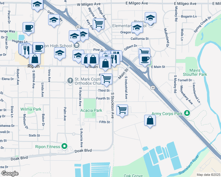 map of restaurants, bars, coffee shops, grocery stores, and more near 320 South Stockton Avenue in Ripon