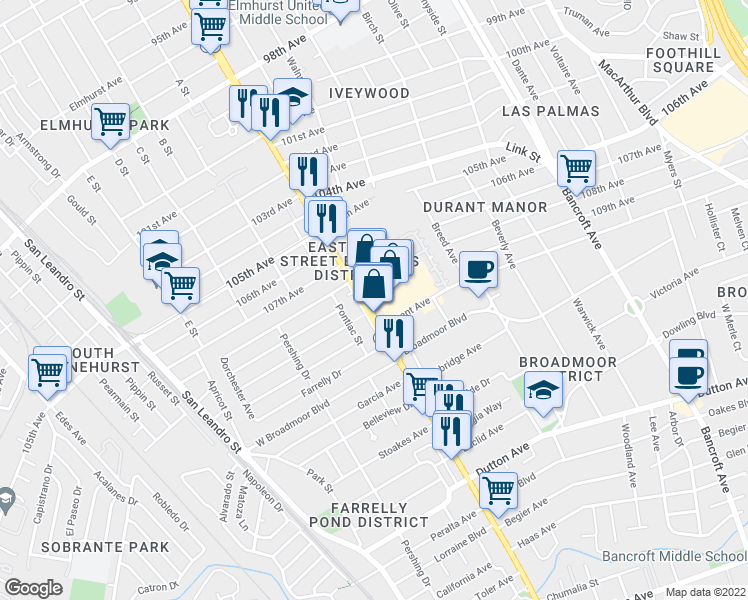 map of restaurants, bars, coffee shops, grocery stores, and more near 10910 East 14th Street in Oakland
