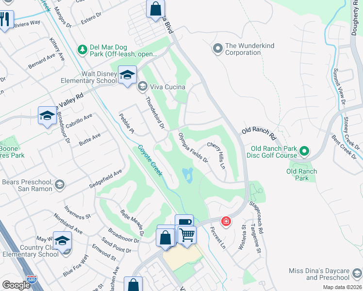 map of restaurants, bars, coffee shops, grocery stores, and more near 9483 Olympia Fields Drive in San Ramon