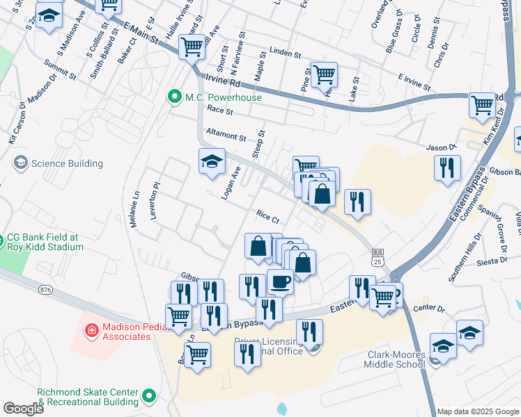map of restaurants, bars, coffee shops, grocery stores, and more near 102 Rice Court in Richmond