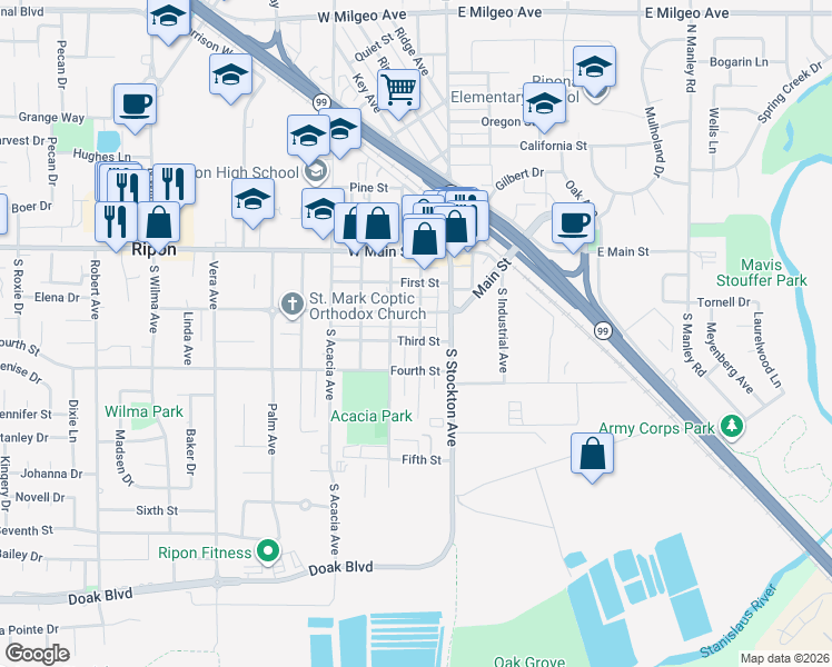 map of restaurants, bars, coffee shops, grocery stores, and more near 139 3rd Street in Ripon