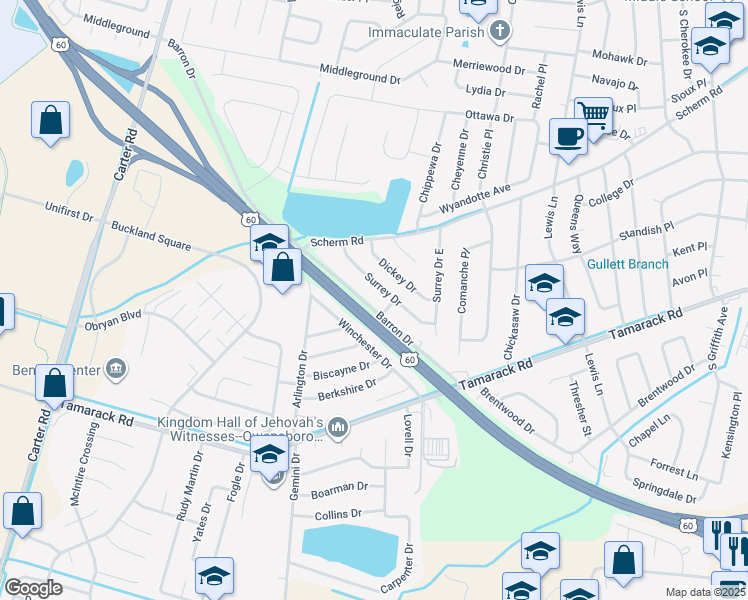 map of restaurants, bars, coffee shops, grocery stores, and more near 2137 Barron Drive in Owensboro
