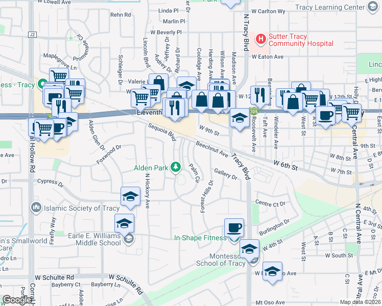 map of restaurants, bars, coffee shops, grocery stores, and more near 879 Palm Circle in Tracy
