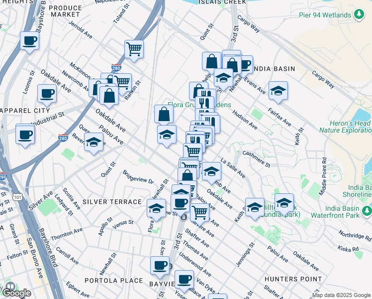 map of restaurants, bars, coffee shops, grocery stores, and more near 1696 McKinnon Avenue in San Francisco