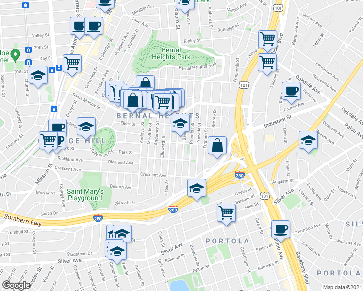 map of restaurants, bars, coffee shops, grocery stores, and more near 4000 Folsom Street in San Francisco