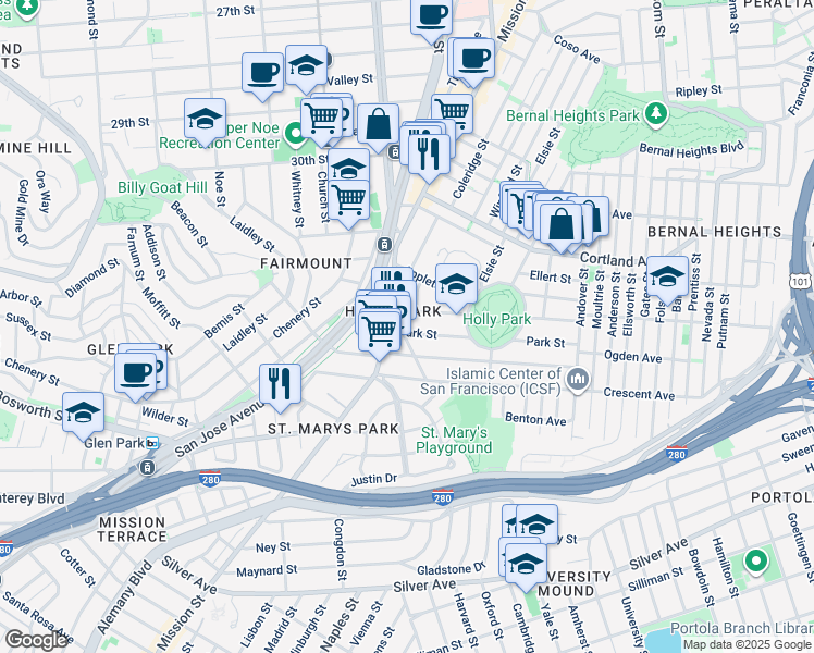 map of restaurants, bars, coffee shops, grocery stores, and more near 3717 Mission Street in San Francisco