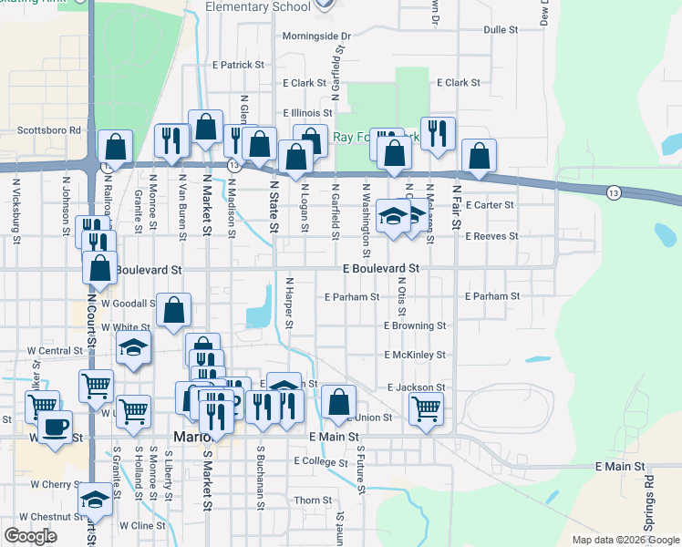 map of restaurants, bars, coffee shops, grocery stores, and more near 437 East Boulevard Street in Marion