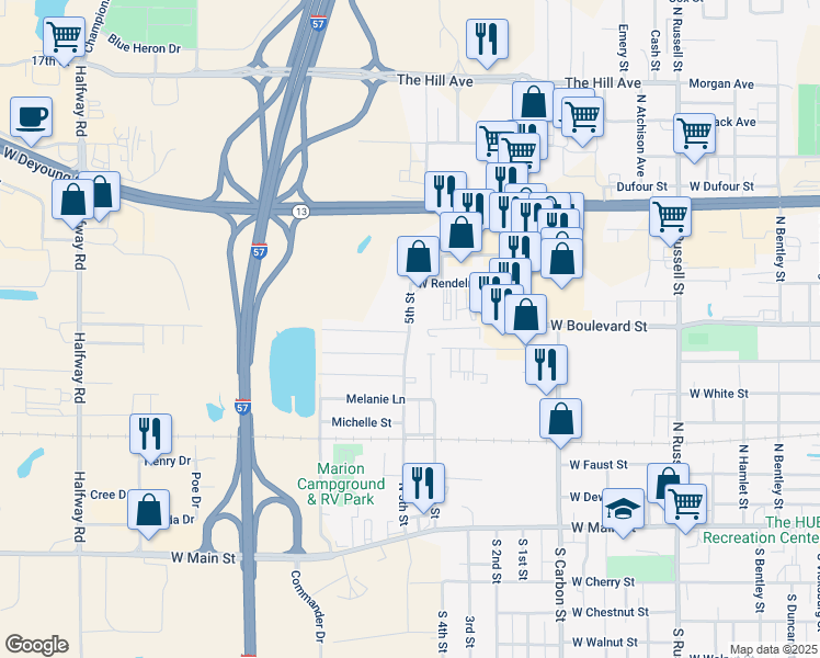 map of restaurants, bars, coffee shops, grocery stores, and more near 2200 Nichole Lane in Marion