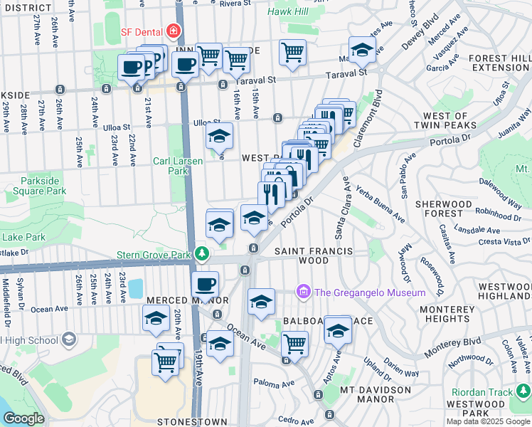 map of restaurants, bars, coffee shops, grocery stores, and more near 398 West Portal Avenue in San Francisco