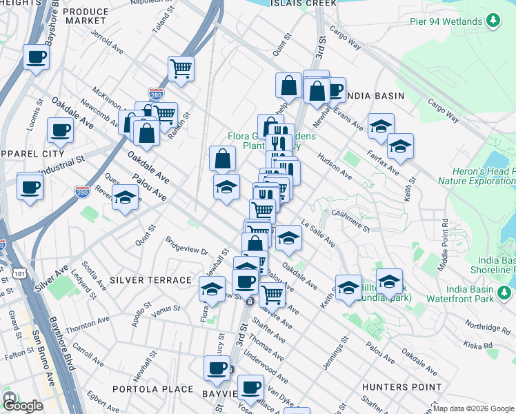 map of restaurants, bars, coffee shops, grocery stores, and more near Newhall Street & McKinnon Avenue in San Francisco