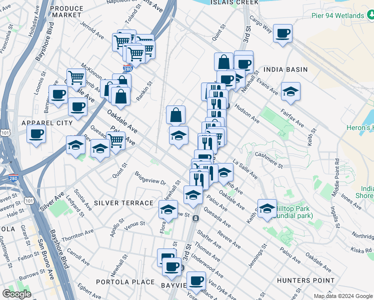 map of restaurants, bars, coffee shops, grocery stores, and more near 1742 Newcomb Avenue in San Francisco