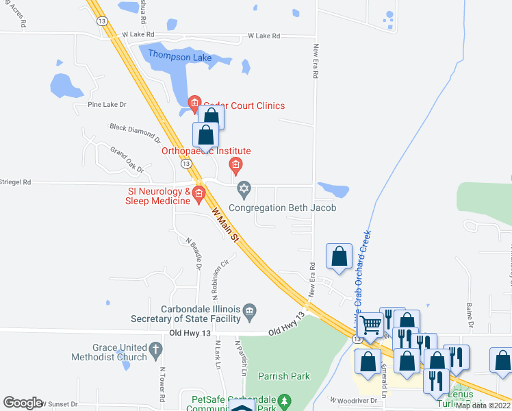 map of restaurants, bars, coffee shops, grocery stores, and more near 1098 North Norwest Lane in Carbondale