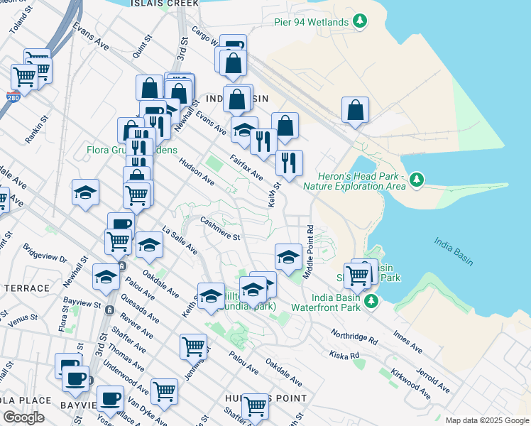 map of restaurants, bars, coffee shops, grocery stores, and more near 603 Keith Street in San Francisco