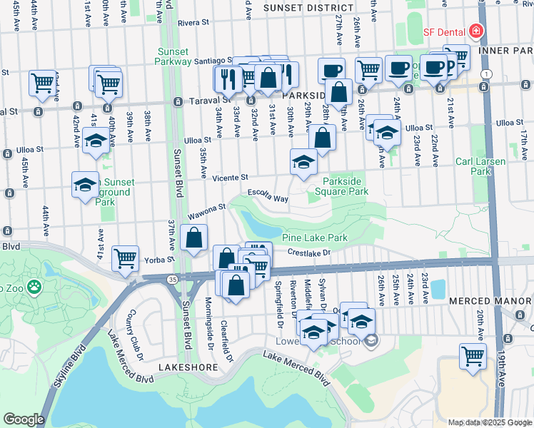 map of restaurants, bars, coffee shops, grocery stores, and more near 2043 Wawona Street in San Francisco