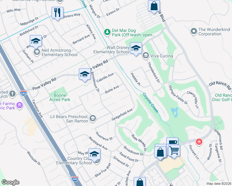 map of restaurants, bars, coffee shops, grocery stores, and more near 642 Filbert Court in San Ramon