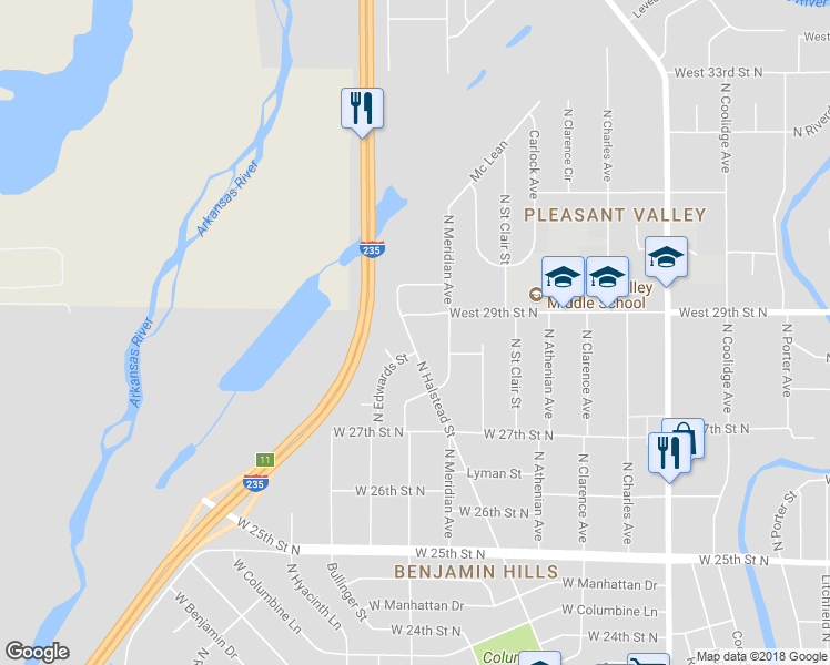 map of restaurants, bars, coffee shops, grocery stores, and more near 2918 North Halstead Street in Wichita