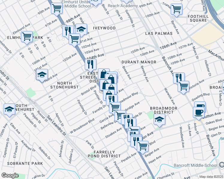map of restaurants, bars, coffee shops, grocery stores, and more near 10950 East 14th Street in Oakland