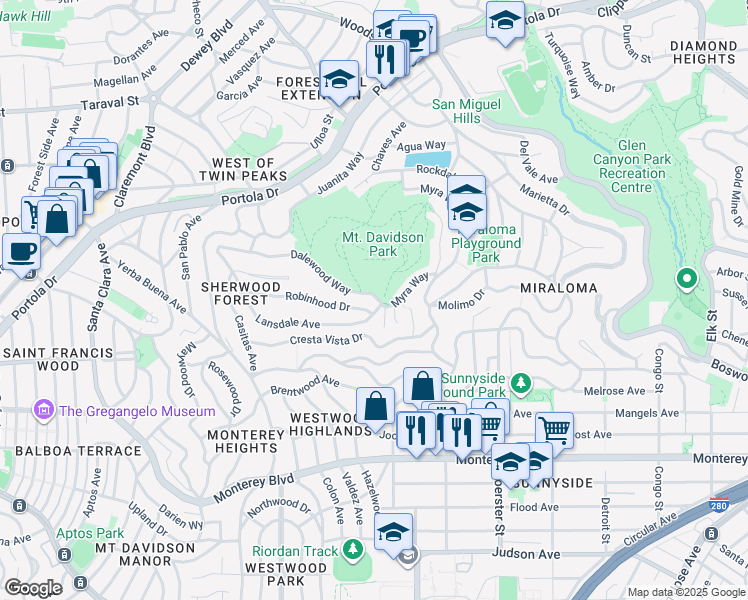 map of restaurants, bars, coffee shops, grocery stores, and more near 13 Dalewood Way in San Francisco