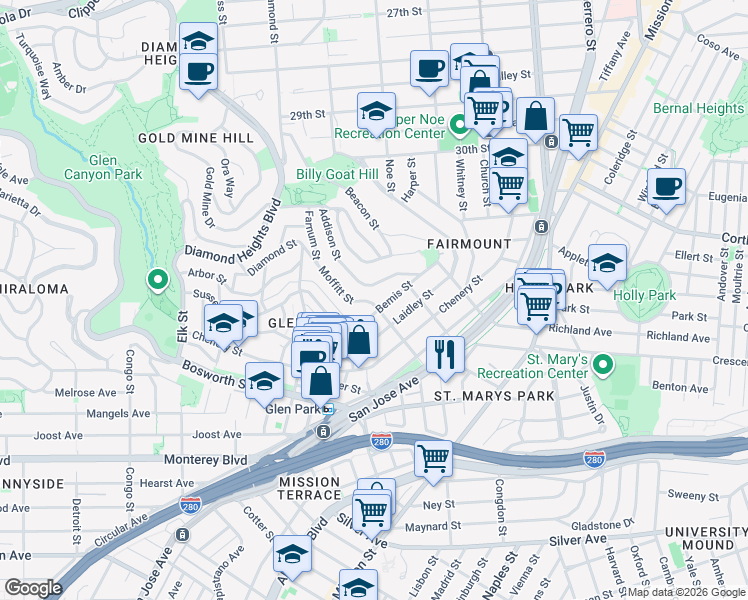 map of restaurants, bars, coffee shops, grocery stores, and more near 10 Moffitt Street in San Francisco