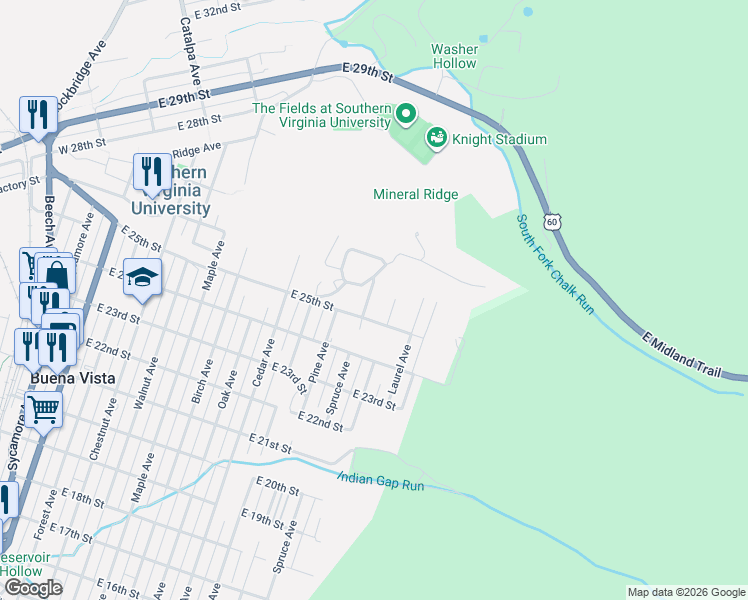 map of restaurants, bars, coffee shops, grocery stores, and more near 2500-2598 Spruce Avenue in Buena Vista