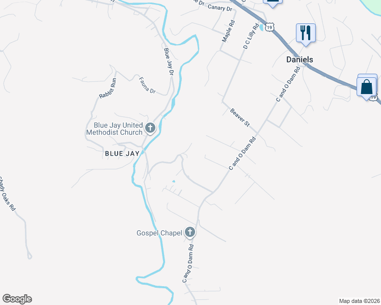 map of restaurants, bars, coffee shops, grocery stores, and more near 108 Windsor Court in Daniels