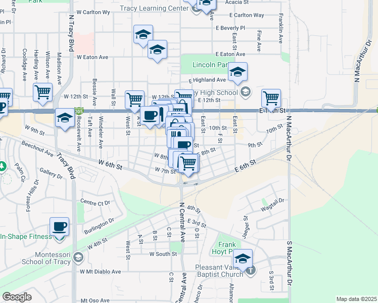 map of restaurants, bars, coffee shops, grocery stores, and more near 821 D Street in Tracy
