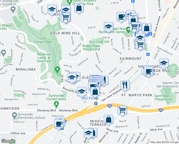 map of restaurants, bars, coffee shops, grocery stores, and more near 2614 Diamond St in San Francisco