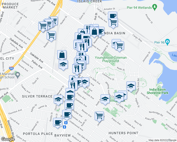 map of restaurants, bars, coffee shops, grocery stores, and more near 1501 Kirkwood Avenue in San Francisco