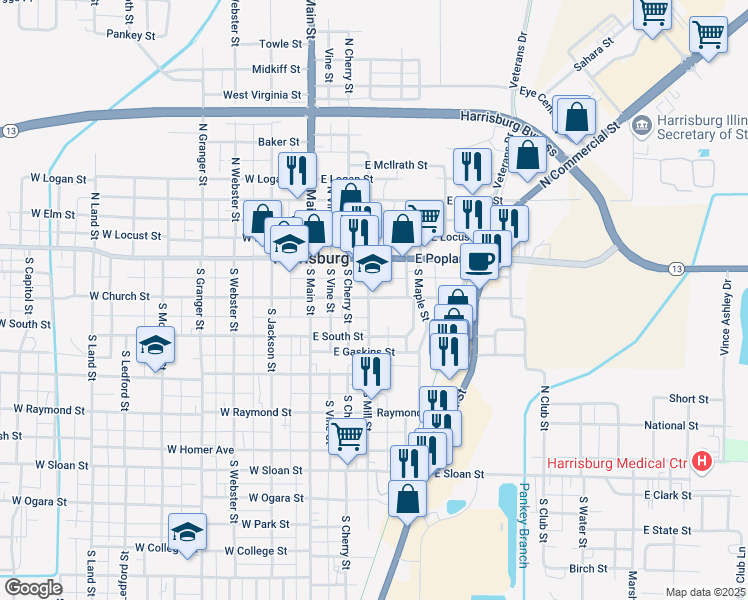 map of restaurants, bars, coffee shops, grocery stores, and more near 399 E Church St in Harrisburg