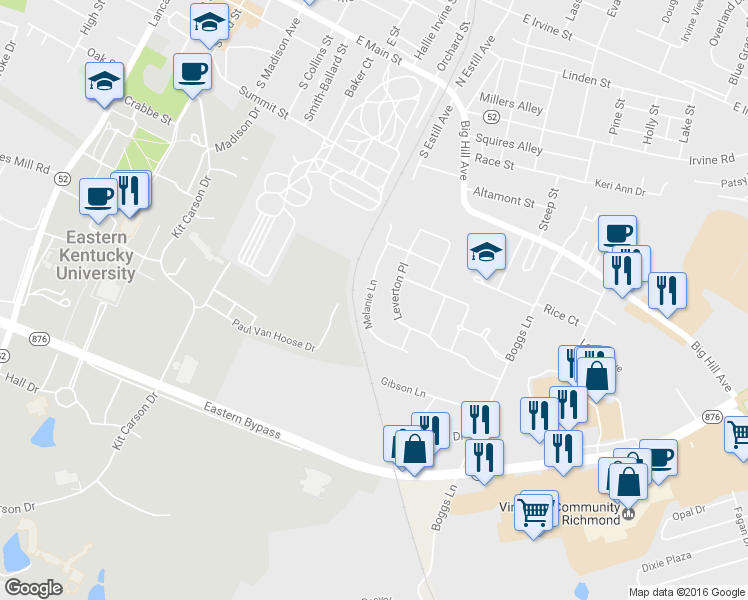 map of restaurants, bars, coffee shops, grocery stores, and more near 835 Melanie Lane in Richmond
