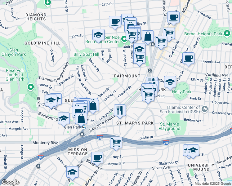 map of restaurants, bars, coffee shops, grocery stores, and more near 377 Laidley Street in San Francisco