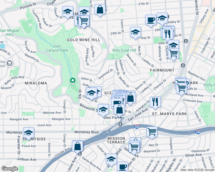 map of restaurants, bars, coffee shops, grocery stores, and more near 117 Conrad Street in San Francisco