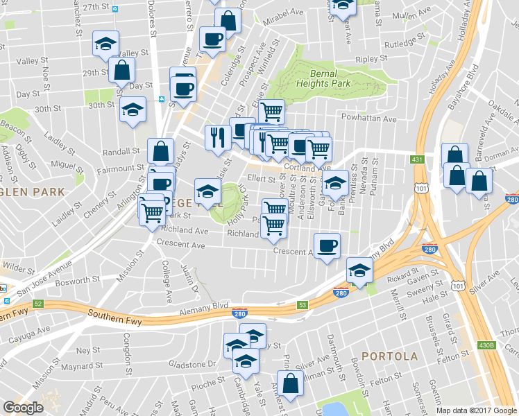 map of restaurants, bars, coffee shops, grocery stores, and more near 340 Highland Avenue in San Francisco