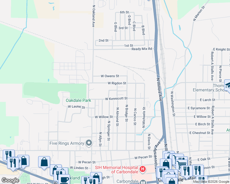 map of restaurants, bars, coffee shops, grocery stores, and more near 605 West Baird Street in Carbondale
