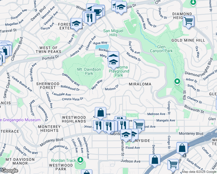 map of restaurants, bars, coffee shops, grocery stores, and more near 283 Bella Vista Way in San Francisco