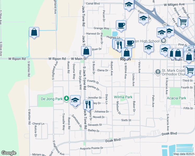 map of restaurants, bars, coffee shops, grocery stores, and more near 349 Lannis Court in Ripon