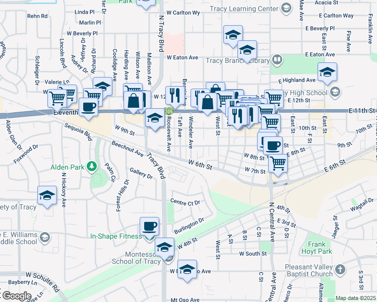 map of restaurants, bars, coffee shops, grocery stores, and more near 747 Windeler Avenue in Tracy