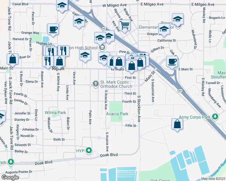 map of restaurants, bars, coffee shops, grocery stores, and more near 411 3rd Street in Ripon