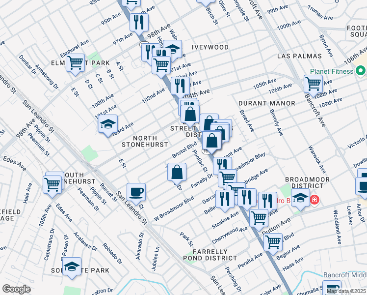 map of restaurants, bars, coffee shops, grocery stores, and more near 1306 107th Avenue in Oakland