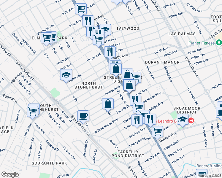 map of restaurants, bars, coffee shops, grocery stores, and more near 1306 107th Avenue in Oakland