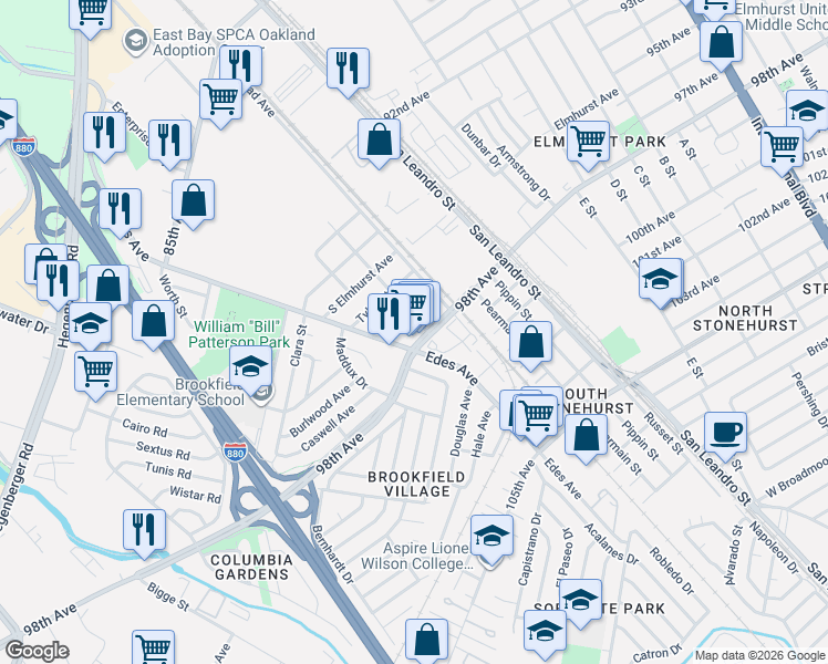 map of restaurants, bars, coffee shops, grocery stores, and more near 705 98th Avenue in Oakland