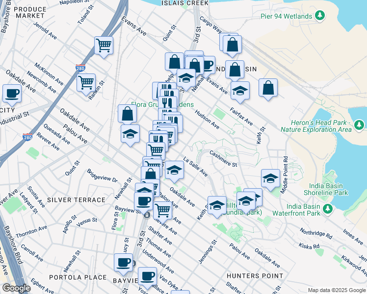 map of restaurants, bars, coffee shops, grocery stores, and more near 1499 Kirkwood Court in San Francisco