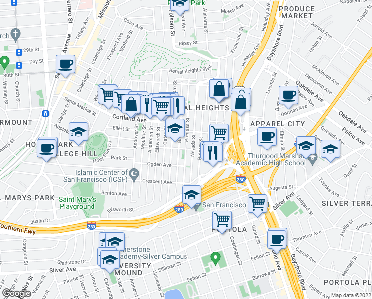map of restaurants, bars, coffee shops, grocery stores, and more near Prentiss Street & Tompkins Avenue in San Francisco