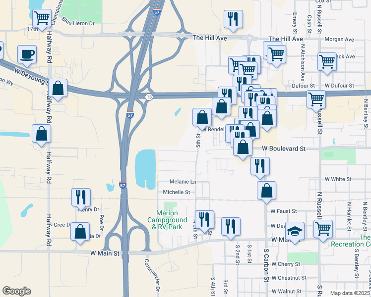 map of restaurants, bars, coffee shops, grocery stores, and more near 2200 Nichole Lane in Marion
