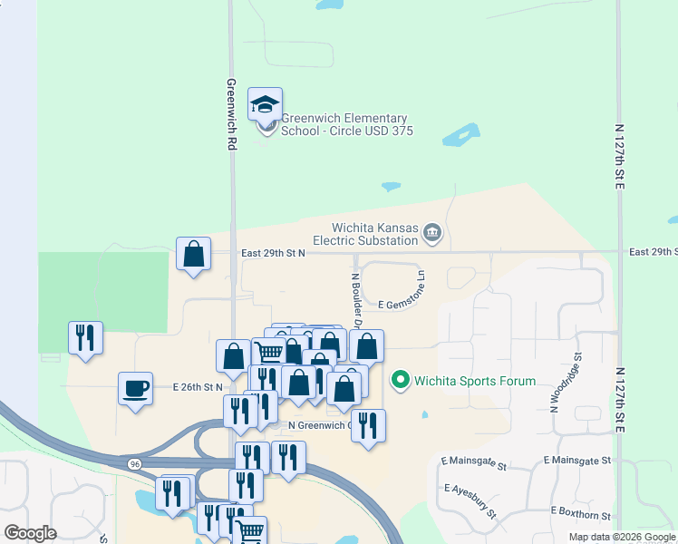 map of restaurants, bars, coffee shops, grocery stores, and more near 21900 East 29th Street North in Wichita