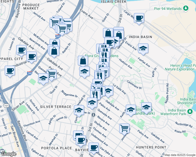 map of restaurants, bars, coffee shops, grocery stores, and more near 1696 McKinnon Avenue in San Francisco